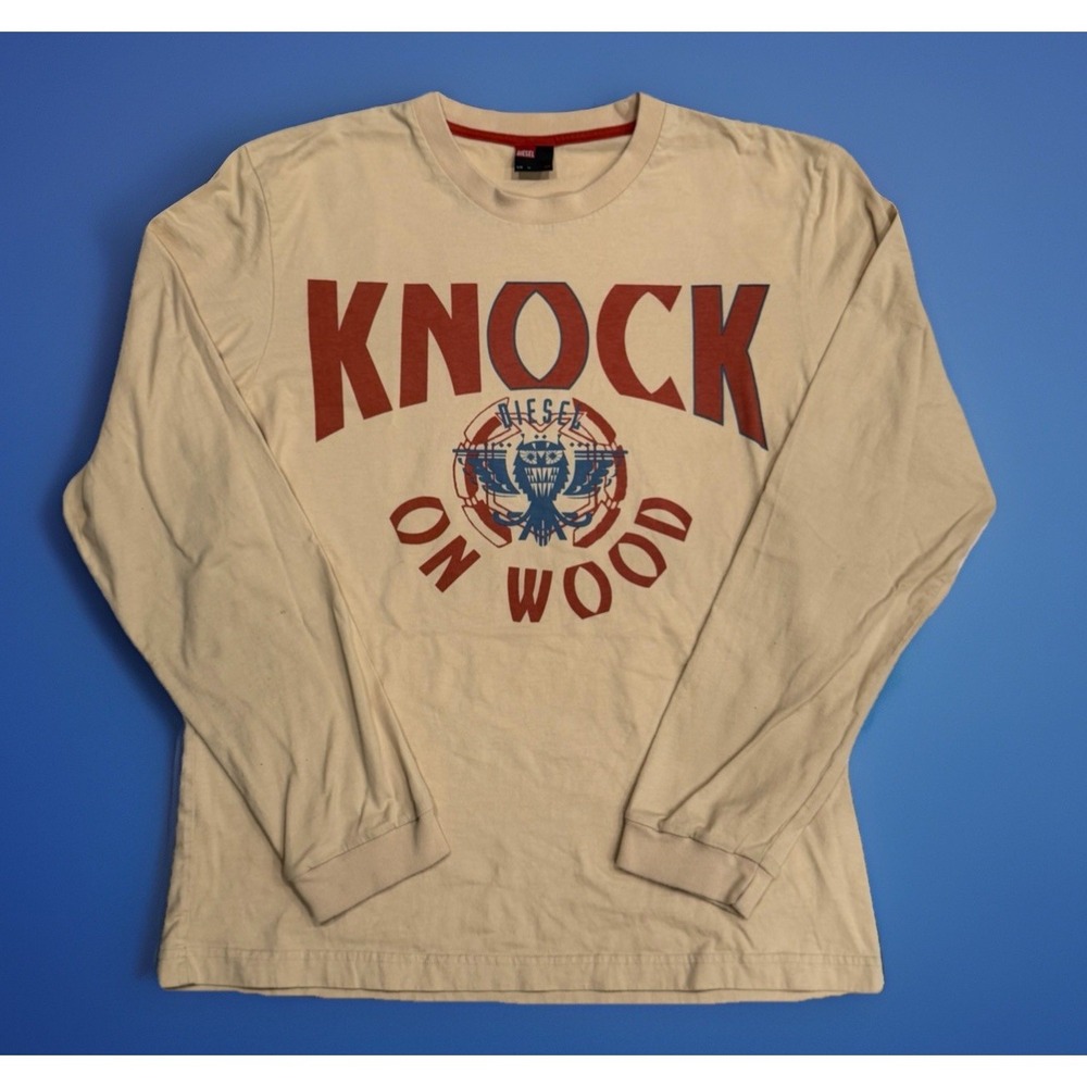 VTG 90s DIESEL "Knock On Wood" Size XL Long Sleeve Graphic Shirt Y2k Indie Retro
